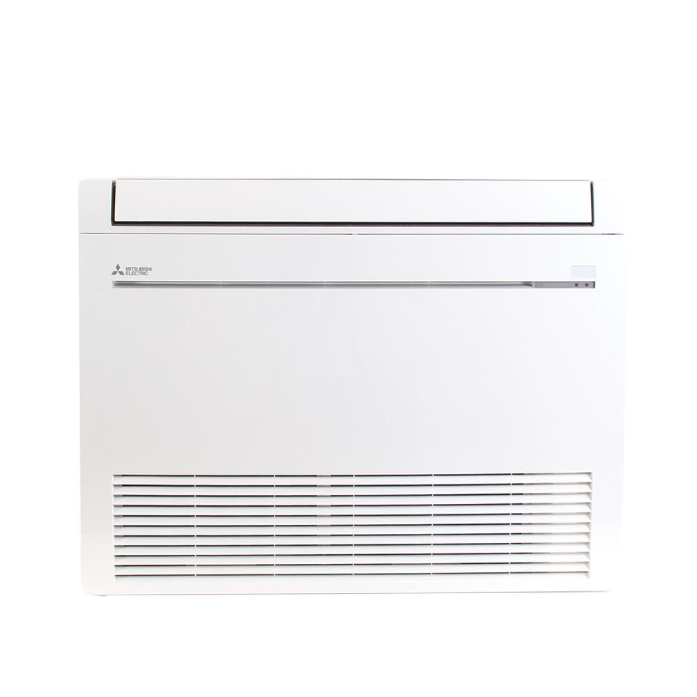 A Mitsubishi MFZ Indoor Floor Mount Air Handler is installed on the wall, showcasing a minimalist white design with a bottom vent and rapid heating capability.