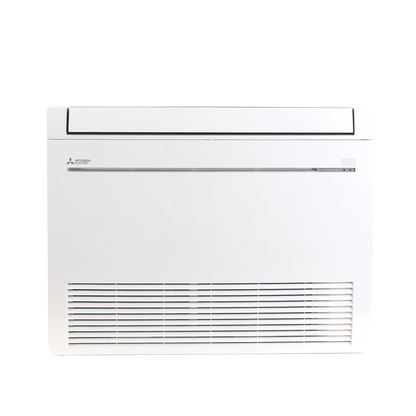 A Mitsubishi MFZ Indoor Floor Mount Air Handler is installed on the wall, showcasing a minimalist white design with a bottom vent and rapid heating capability.
