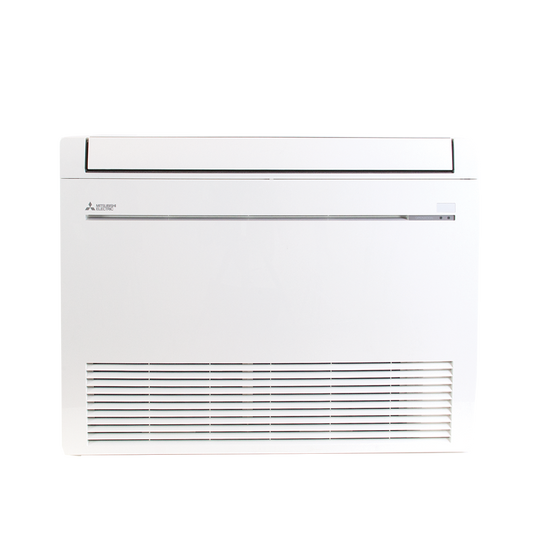 A Mitsubishi MFZ Indoor Floor Mount Air Handler is installed on the wall, showcasing a minimalist white design with a bottom vent and rapid heating capability.