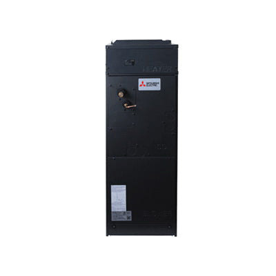A Mitsubishi Indoor MultiPosition Air Handler | No Heat - SVZ in black, showcasing a compact design with visible service panel and labels, photographed against a white background.