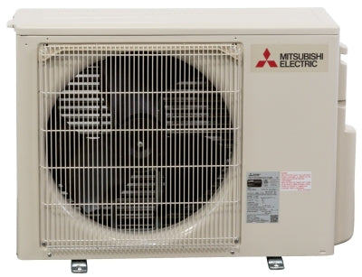 The Mitsubishi Outdoor Single Zone Standard Condenser (PUY, PUZ) features a large fan behind a metal grille, the brand logo on the top right corner, and delivers reliable cooling even in low ambient conditions.