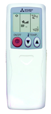 The Mitsubishi Wireless MA Remote Controller PAR-FL32MA-E displays 72°F, signal and battery icons, and features ON/OFF plus temperature controls—ideal for group operation.