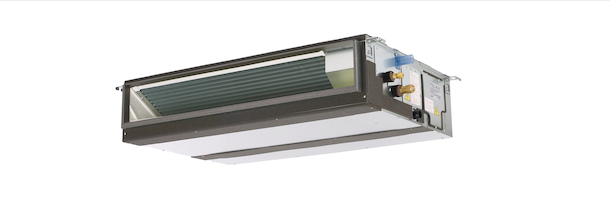 The Mitsubishi PEAD Indoor Ceiling Concealed Air Handler features a rectangular, high-efficiency design with metal casing and visible wiring, shown suspended against a plain white background.