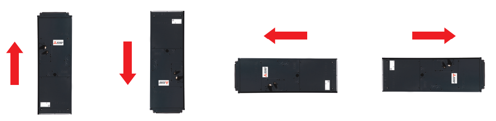Four black rectangular panels—displayed vertically and horizontally with red arrows showing movement in all directions—illustrate the Mitsubishi Indoor MultiPosition Air Handler (PVA), designed for high energy efficiency.