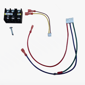 The Mitsubishi Separate Power Terminal Block Kit (SPTB1) includes multicolored cables with connectors, a white plastic connector, and a screw—ideal for air handler kit or emergency heat operations. All items are shown on a white background.