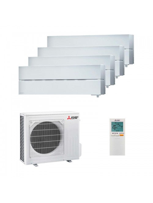 Four indoor wall-mounted AC units, one Mitsubishi Outdoor Multi-Zone Condenser (MXZ), and a remote—engineered for efficient multi-zone heat pump performance and personalized room comfort.