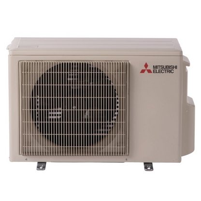 The Mitsubishi Outdoor Single Zone Universal Standard Condenser (MUZ,MUY-GL) features an inverter-driven compressor and visible fan behind a protective grille, supported by metal feet against a white background.