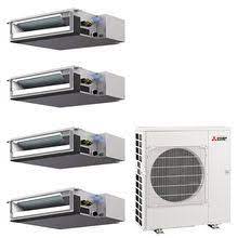 A Mitsubishi MXZ Outdoor Multi-Zone Condenser is displayed beside four ceiling cassette units, illustrating a flexible multi-zone heat pump system by Mitsubishi for customized room comfort control.