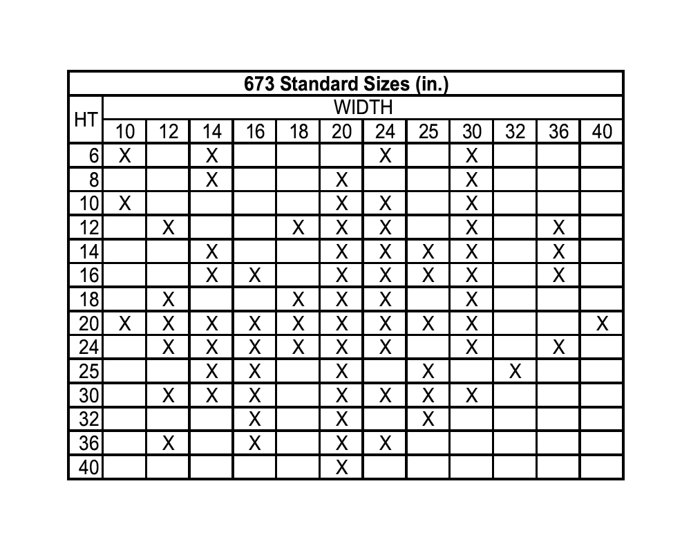 Table lists 673 standard inch sizes for the Hart & Cooley Steel Return Air Filter Grille, 1/2" fin spacing - white, showing heights (left) and widths (top); 'X' marks indicate available grille size combinations.