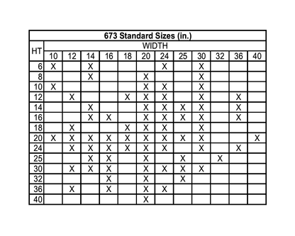 Table lists 673 standard inch sizes for the Hart & Cooley Steel Return Air Filter Grille, 1/2" fin spacing - white, showing heights (left) and widths (top); 'X' marks indicate available grille size combinations.