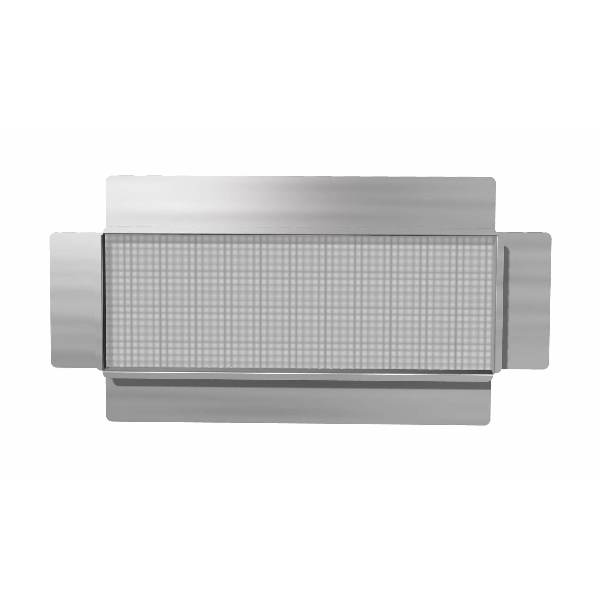 Thunderbird Foundation - Basement Vent: Rectangular metal mesh vent with flat solid borders on all sides, top view.
