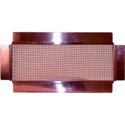 The Thunderbird Foundation - Basement Vent features a rectangular copper plate with a grid of small square holes and wider copper end pieces—ideal for airflow and protection as a screened wall or basement vent.