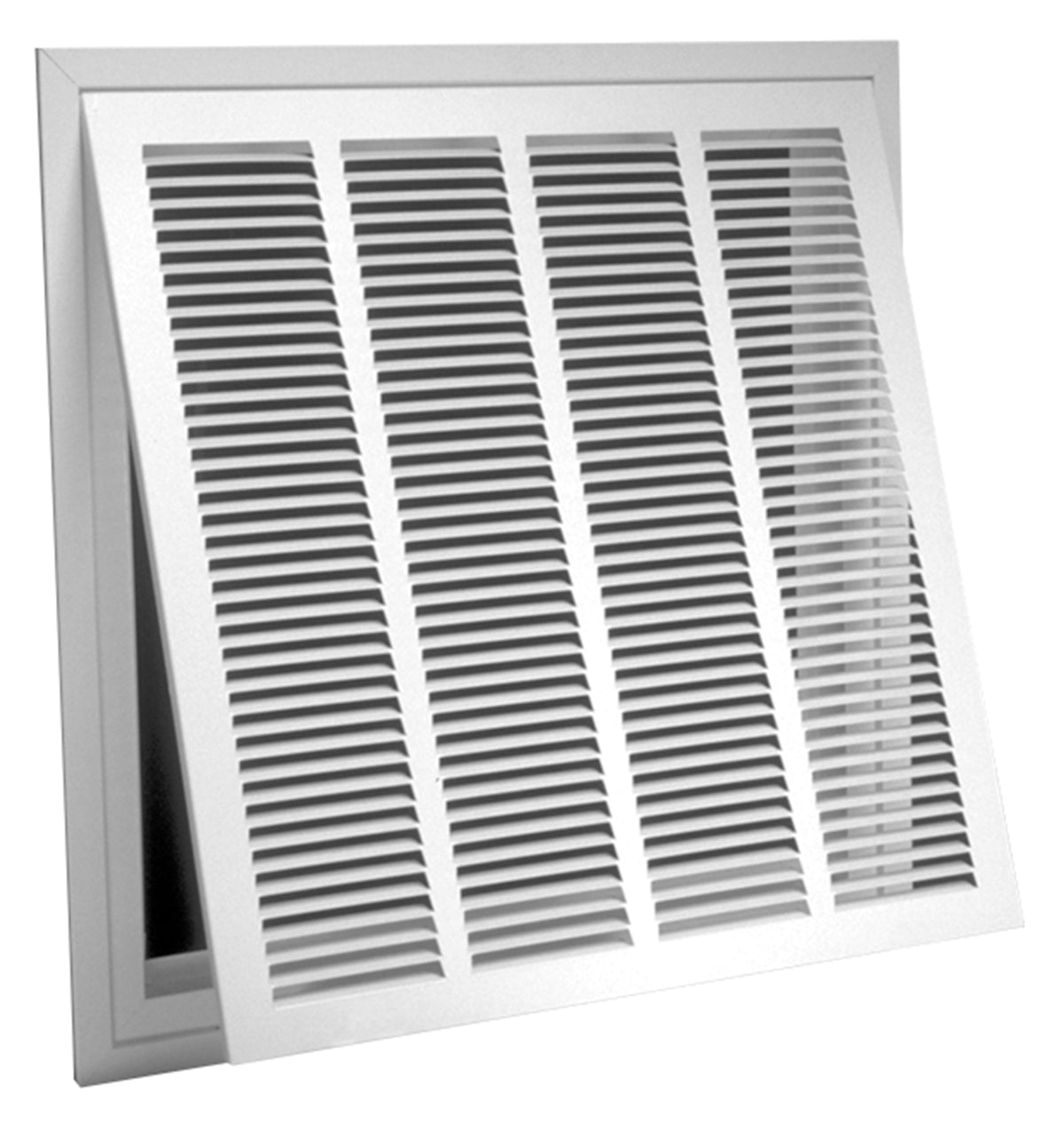 A Hart & Cooley Steel Return Air Filter Grille, 1/2" fin spacing, in white with horizontal slats is partially open, revealing a dark space behind it.