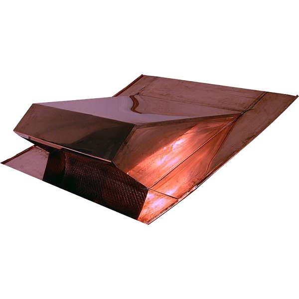 The Thunderbird Low Profile Attic Roof Vent features a copper finish, angular geometric design, and mesh-covered side opening for maximum net free airflow.