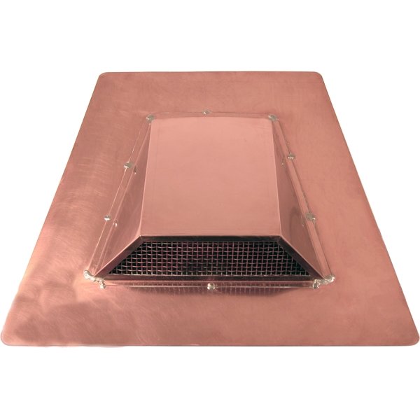 The Thunderbird Low Profile Roof Exhaust Vent features a rectangular copper design with mesh screen on a flat base, viewed from above against a white background. It is engineered to blend seamlessly with modern roofing styles.
