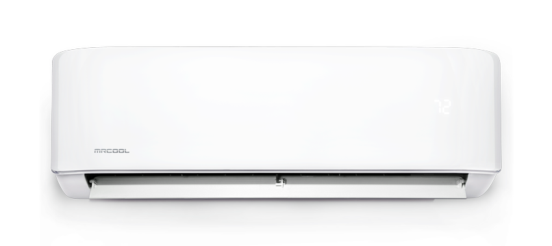 The Mr Cool 4th Gen Single Zone Air Handler by Mr Cool is a white, wall-mounted ductless air conditioner unit featuring a digital temperature display on the right side.