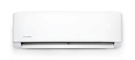 The Mr Cool 4th Gen Single Zone Air Handler by Mr Cool is a white, wall-mounted ductless air conditioner unit featuring a digital temperature display on the right side.
