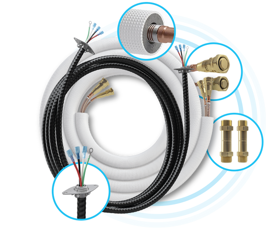 Mr Cool Pre Charged Line Sets by Mr Cool feature insulated, coiled pipes and cables with Quick Connect Valves, wiring ends, and brass fittings—highlighted in blue circles—perfect for R-410A refrigerant systems.