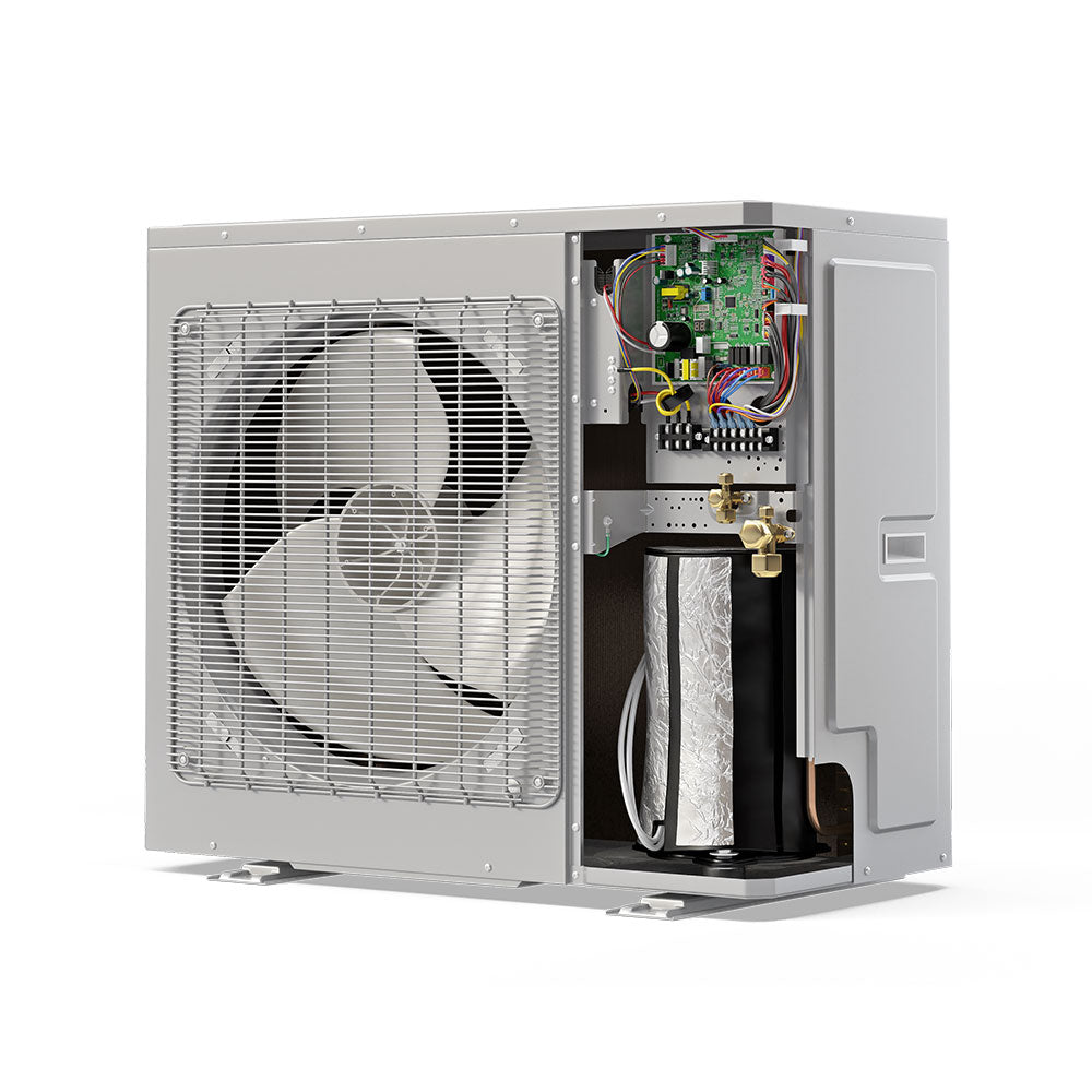 The Mr Cool Universal Series Condenser & Heat Pump is a metallic outdoor unit with exposed components, including a large fan and wiring, offering efficient side discharge for reliable performance.