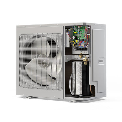 The Mr Cool Universal Series Condenser & Heat Pump is a metallic outdoor unit with exposed components, including a large fan and wiring, offering efficient side discharge for reliable performance.