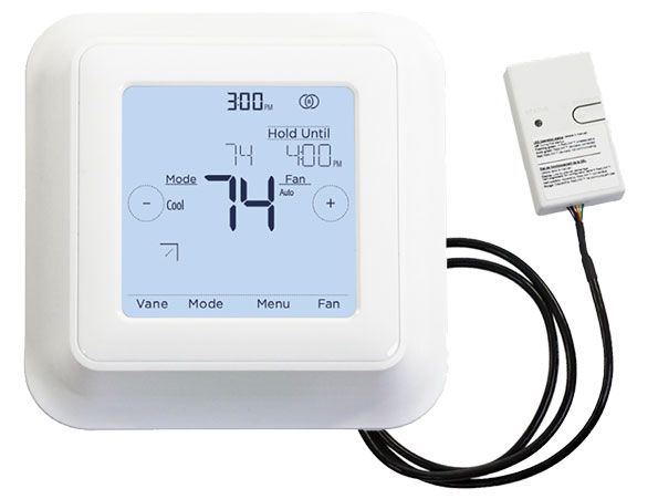 The Mitsubishi Touch Screen Backlit Wifi Remote Controller (MHK2) displays temperature, mode, and fan settings on its touchscreen and connects via wire to a compact rectangular sensor device.