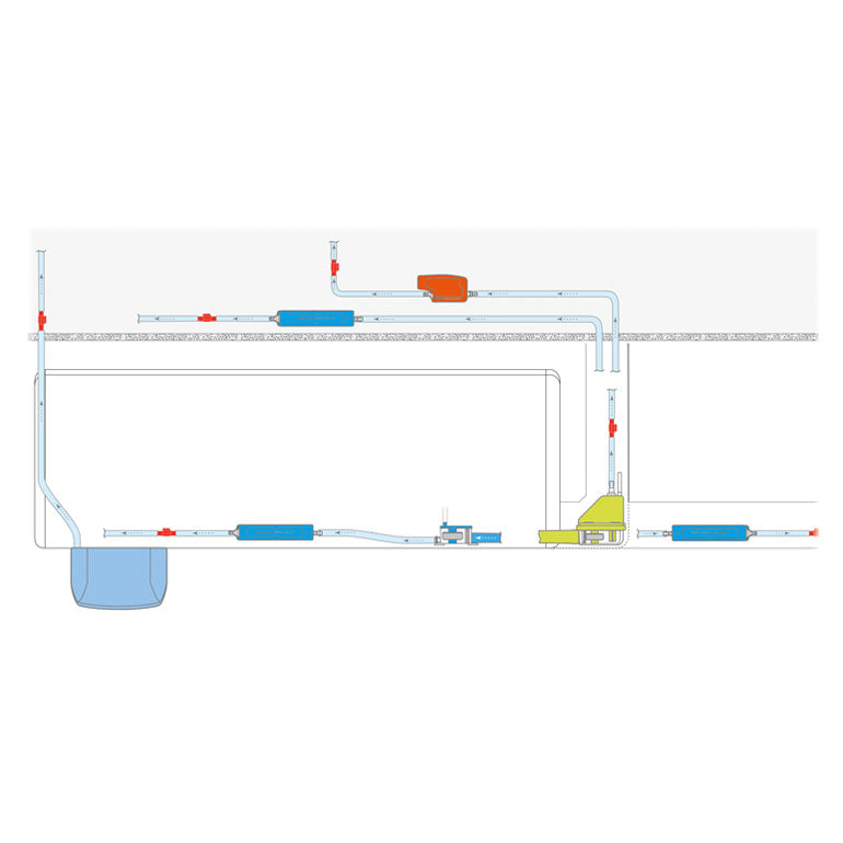 Diagram of a building's plumbing system featuring pipes, tanks, and components for water supply and drainage, including the Aspen Mini White 100-250v Condensate Pump by Aspen for efficient water removal.