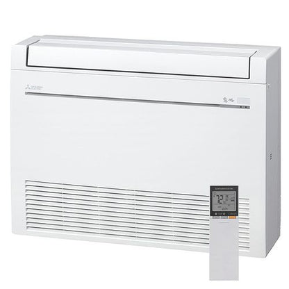 The Mitsubishi Indoor Floor Mount Air Handler - MFZ by Mitsubishi is shown with a digital remote displaying temperature, featuring ENERGY STAR certification and rapid heating capability.