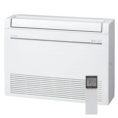 The Mitsubishi Indoor Floor Mount Air Handler - MFZ by Mitsubishi is shown with a digital remote displaying temperature, featuring ENERGY STAR certification and rapid heating capability.