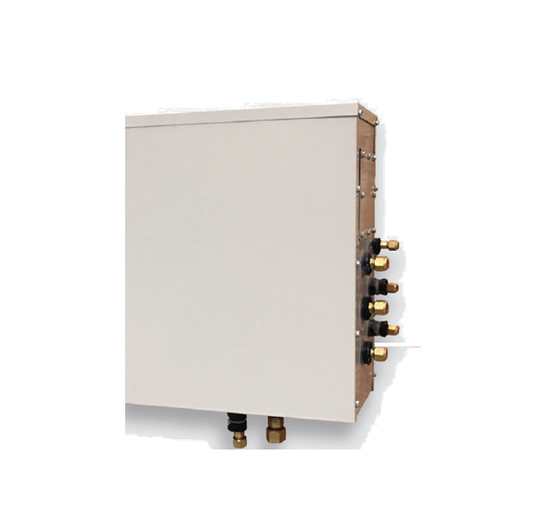 Partial view of a Mitsubishi - Branch Box Enclosure HVAC unit by Mitsubishi with a galvanized steel exterior and brass pipe connectors visible on one side, set against a white background.