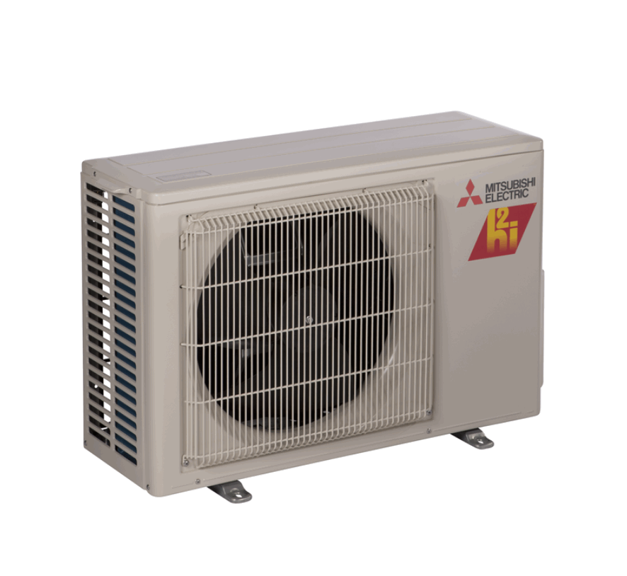 Mitsubishi Outdoor Single Zone Floor HyperHeat Condenser (MUFZ-KJ) with Blue Fin coating, protective grill, and Mitsubishi branding on the front panel.