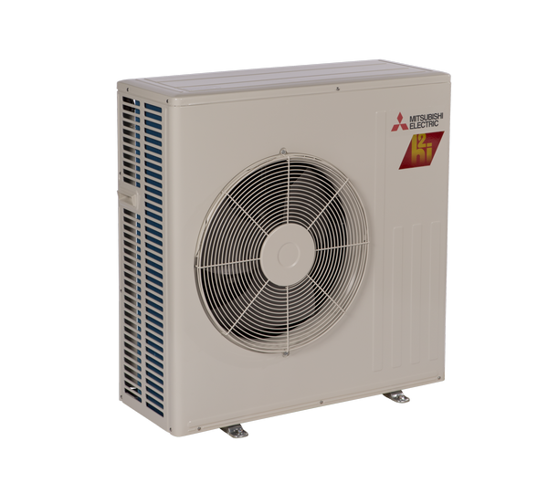 The Mitsubishi Outdoor Single Zone Floor HyperHeat Condenser MUFZ-KJ features a large central fan, ventilation grilles, and Blue Fin Coating for durability, shown against a white background.