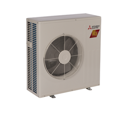 The Mitsubishi Outdoor Single Zone Floor HyperHeat Condenser MUFZ-KJ features a large central fan, ventilation grilles, and Blue Fin Coating for durability, shown against a white background.