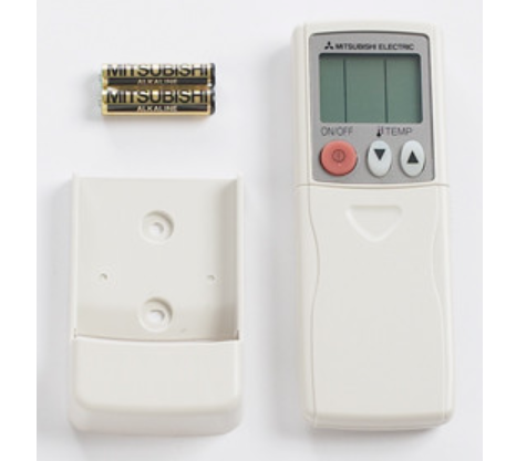 The Mitsubishi Wireless MA Remote Controller PAR-FL32MA-E, by Mitsubishi, comes with two AA batteries and a white wall mount holder, all displayed side by side on a white surface.