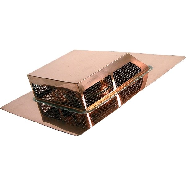 The Thunderbird Rectangular Attic Roof Vent is a low-profile vent with mesh grills, made from 16-ounce copper and mounted on a flat metal base for effective attic ventilation.