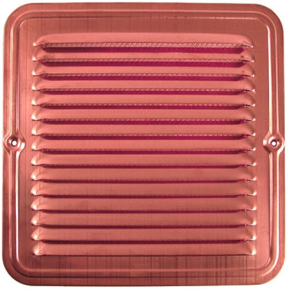 The Thunderbird Square Ventilation Grid With Screen, featuring horizontal slats and two screw holes, is shown front-facing against a neutral background. This copper vent cover combines effective airflow with stylish design.