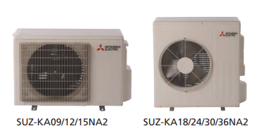 Two Mitsubishi Outdoor Single Zone Universal Condensers (SUZ models), shown side by side, feature compact compressors and ENERGY STAR efficiency, delivering year-round comfort.