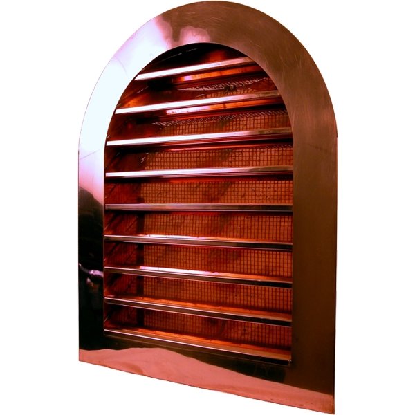 The Thunderbird Tombstone Louvered Gable Wall Vent features horizontal slats and a mesh screen, shown against a white background. Perfect for both traditional and modern exteriors.