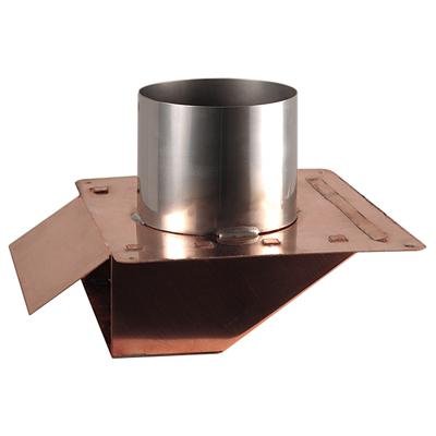The Thunderbird Under Eave & Soffit Dryer Vent features a metal angled base and cylindrical pipe collar, ideal for venting or chimneys, and pairs well with a durable vent cap for added protection.