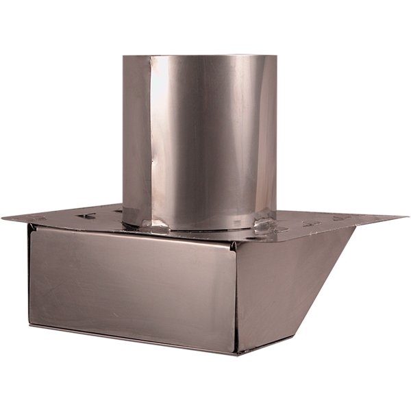 The Thunderbird Under Eave & Soffit Dryer Vent features a rectangular base, sloped side, and cylindrical vertical pipe to provide reliable roof ventilation.