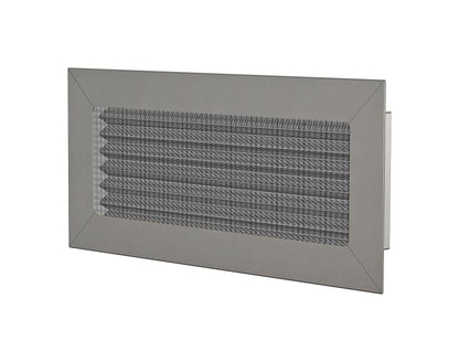 The Thunderbird Stainless Steel Ember-Resistant Foundation Vent Flush Mount, featuring horizontal slats and a solid frame, is shown at an angle against a white background.